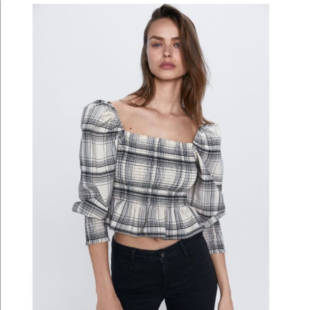 ZARA Smocked Peplum Style Linen Crop Top Sz Small‎